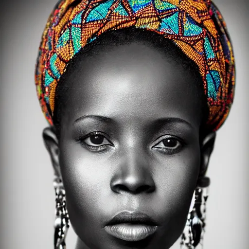 Prompt: vintage portrait of a stunningly beautiful west african tribal queen female, depth of field, zeiss lens, detailed, symmetrical, centered, fashion photoshoot, by edward s curtis, Annie Leibovitz and Steve McCurry, David Lazar, Jimmy Nelsson, Breathtaking, 8k resolution, extremely detailed, beautiful, establishing shot, artistic, hyperrealistic, beautiful face, octane render