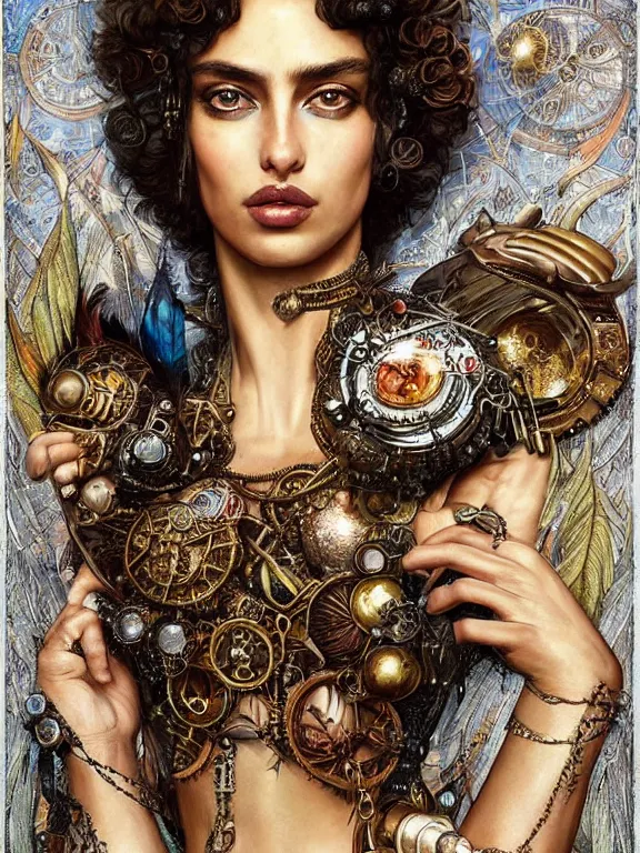 Prompt: a steampunk portrait of Irina Shayk,embellished sequined,feather-adorned,by tom bagshaw,Cedric Peyravernay,Peter Mohrbacher,William Holman Hunt,William Morris,Catherine Nolin,metropolis,Gucci,Dior,trending on pinterest,maximalist,glittering,feminine