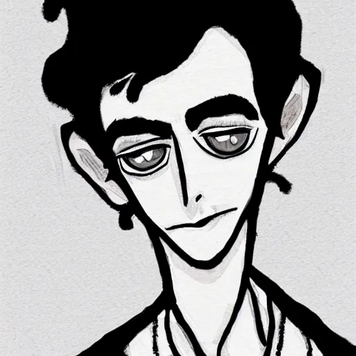 Image similar to young man portrait, black hair, skinny, sleep deprived, corpse bride art style