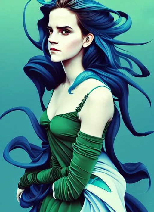 Image similar to style artgerm, joshua middleton, emma watson with green dress, very long blue hair, swirling, symmetrical face, symmetrical eyes, steampunk western gunslinger, cinematic lighting