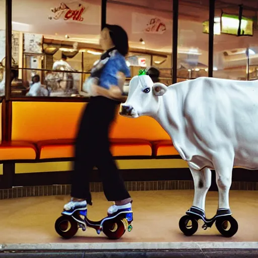 Prompt: simple cow on roller skates in diner