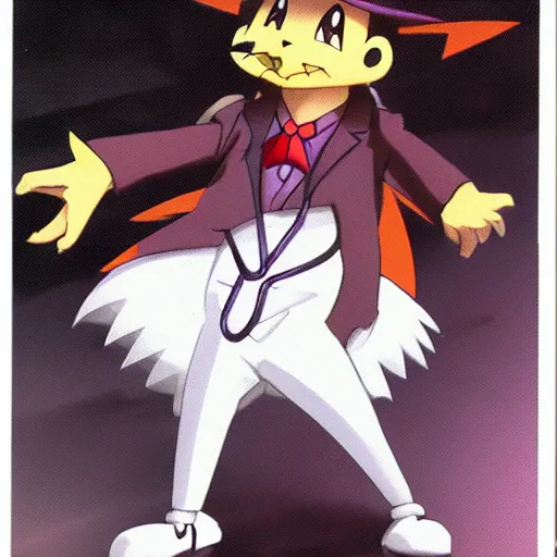 Image similar to Spooky fox in a Halloween lab coat as a Pokémon TCG scientist in the same vein as Game Boy Pokémon TCG card professor Dr. Mason, official 2000 character artwork, key anime visual