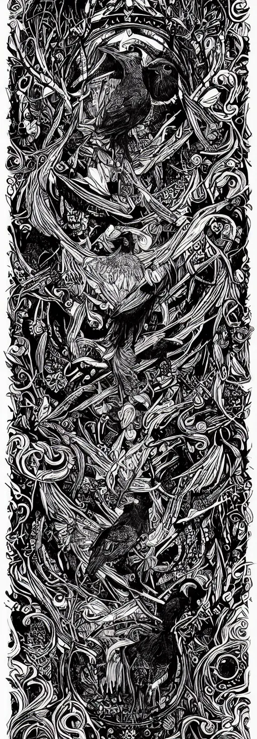 Image similar to psychedelic, monochrome artwork!!, raven, deer, owl, window to the ocean, typography, hr giger, didier comes, james jean, andreas rocha,