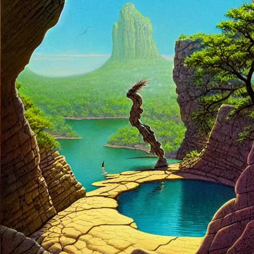 Image similar to Fantasy illustration by Clyde Caldwell You step to the edge of the rocky opening and peer over. You see a tranquil pool of water and a sandy beach 20 feet below. The opening’s bottom leads to a cave, its verdant flora a stark contrast to the rocky sides. You hear chirruping animals sounds emanating from the opening.