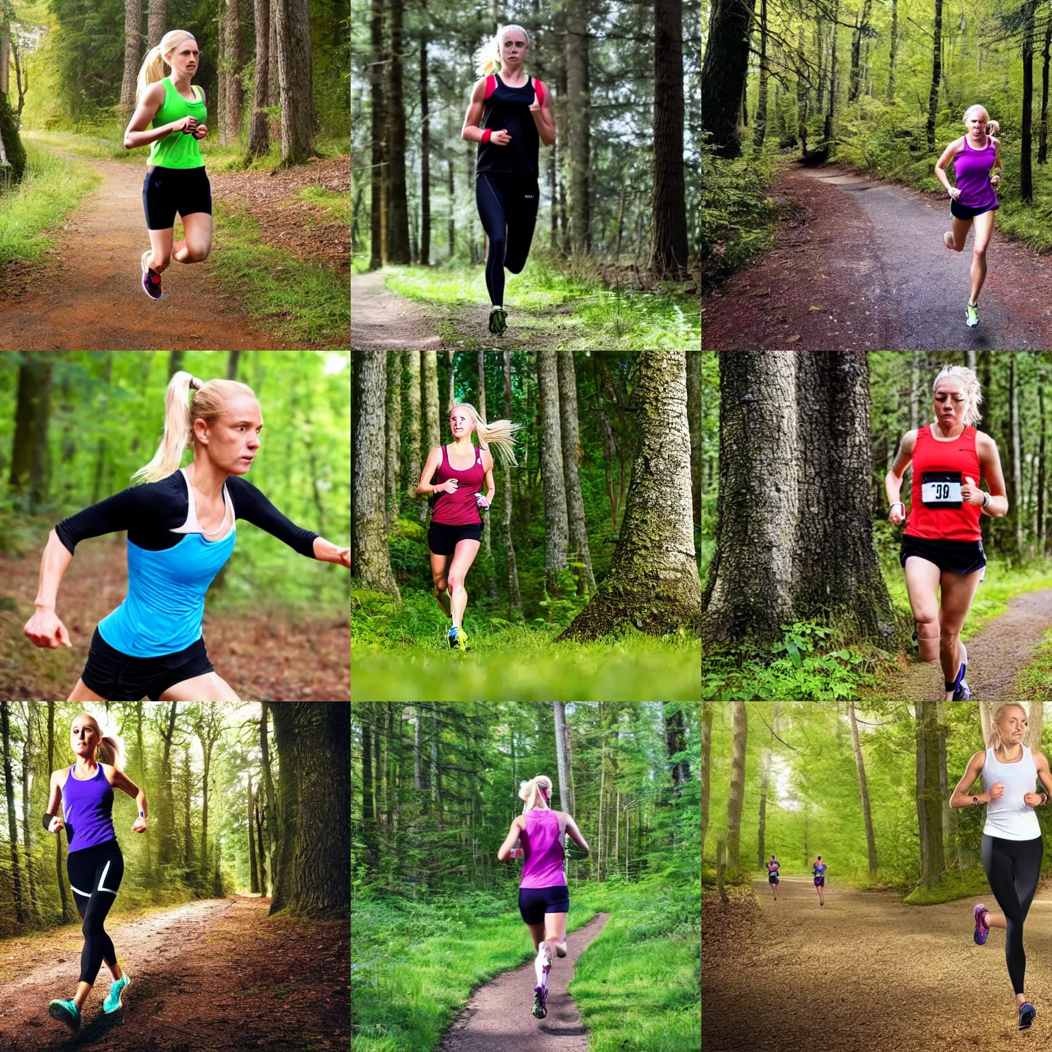 Prompt: a female runner with blonde hair in a ponytail running a race through the woods, photorealistic