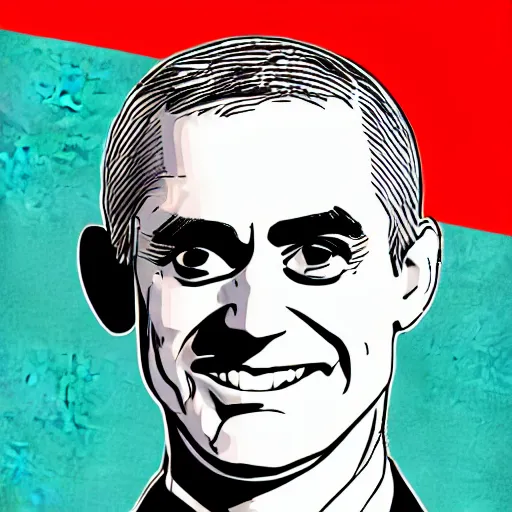 Image similar to digital illustration of secretary of denis mcdonough face, cover art of graphic novel, eyes replaced by glowing lights, glowing eyes, evil laugh, menacing, villain, clean lines, clean ink