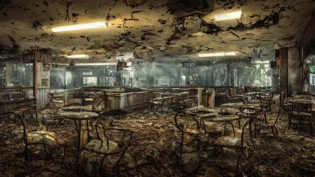 Image similar to forestpunk unfettered afterlife abandoned fastfood restaurant, postapocalypse, cinematic