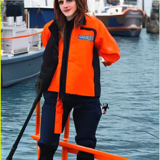 Image similar to emma watson fishing boat, deadliest catch, orange rain slicker, award winning,