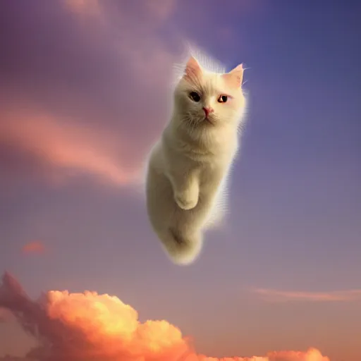 Image similar to white fluffy cat on a light purple cloud floating in a pastel pink sky