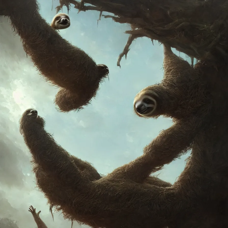 Image similar to colossal sloth, high detail, dramatic light, digital art, painted by greg rutkowski, painted by seb mckinnon, trending on artstation