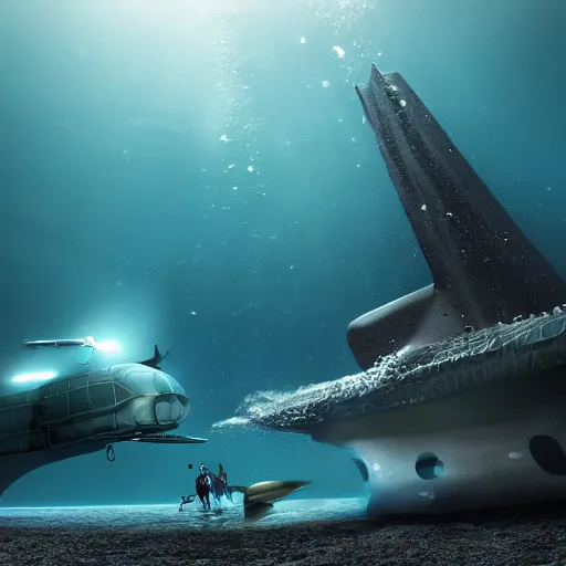 Image similar to photo by national geographic, a small submersible submarine being chased by a gigantic megaladon, 4 d, 4 k, volumetric lighting, photorealistic, light ray, hyperdetailed