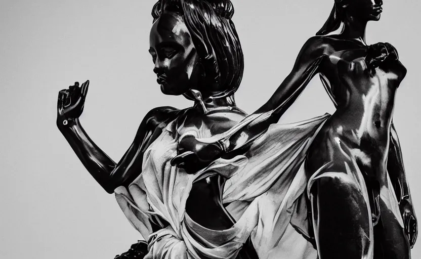 Image similar to extremely beautiful female black marble statue in the style of virgil abloh, colorful motocross logos behind her, sharp focus, clear, detailed,, cinematic, detailed, off white, glamourous, symmetrical, vogue, editorial, fashion, magazine shoot, glossy