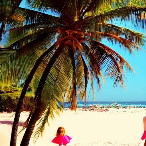 Prompt: girls on beach, uhd, realistic, bright, summer, palm trees