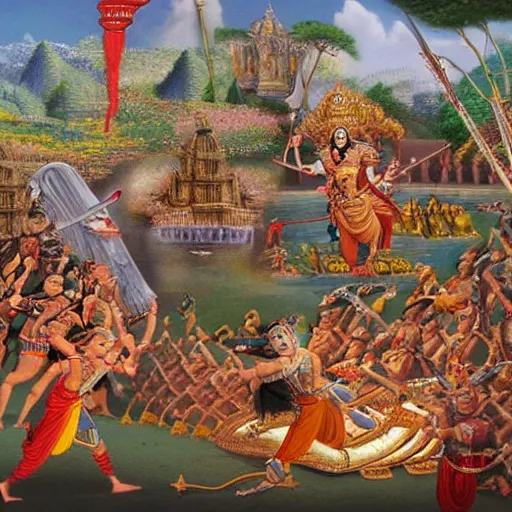 Prompt: Battle between Lord Rama vs Ravana from Indian epic ramayana, hyper-realistic 8k