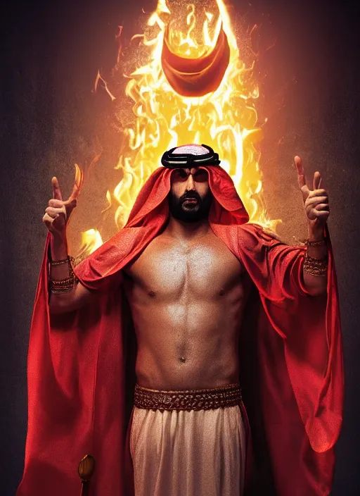 Image similar to portrait of sheikh ruler of dubai, djinn, head and torso only, cinematic lighting, studio quality, godly, comic book, 4 k, active, scenic, fury, fiery, dramatic entry