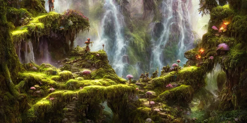 Prompt: fairyland scenery landscape, lord of the rings, waterfalls, monoliths, flowers, mushroom structures, moss highly detailed, vivid color, perfect lighting, perfect composition, 8 k, brian froud, artgerm, derek zabrocki, greg rutkowski