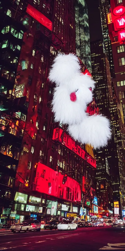 Image similar to fluffy puppet im new york at night with red lights as eyes