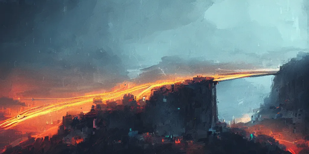 Prompt: a city on a big cliff, eery, scary, dark, lightning, hd 4 k high resolution digital art by alena aenami