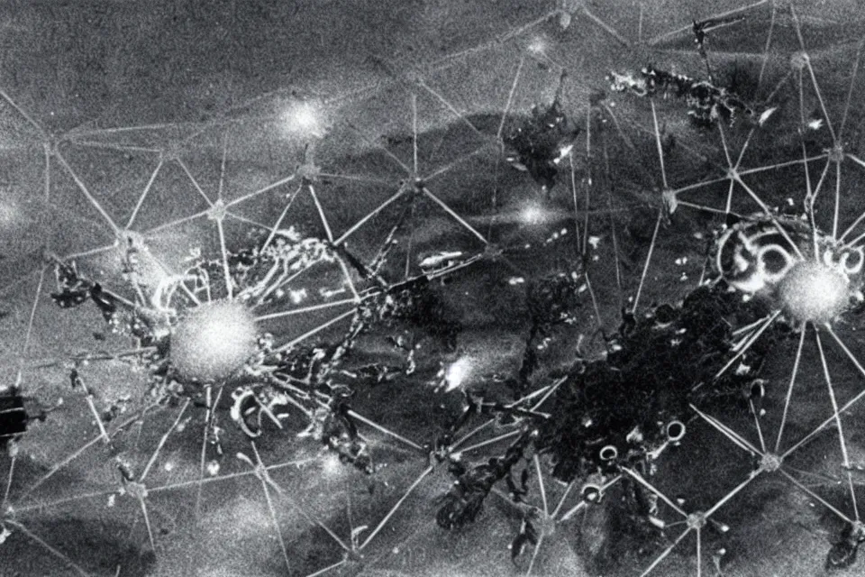 Image similar to still image taken from sci fi horror movie of a giant icosahedral phage attacking a city. low camera angle. 1 9 6 0.