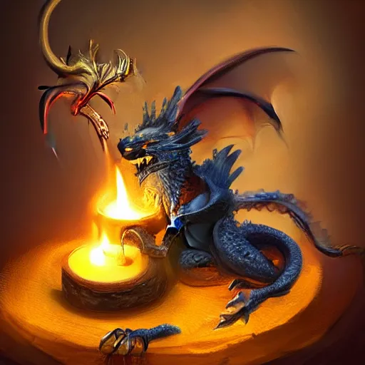 Image similar to tiny dragon that burns a candle with its breath, a burst of flames comes from his mouth toward the candle, the candle is on a wooden table, on a candle holder, the dragon is placed on the table too, fantasy painting, artstation, Fantasycore, award winning, stunning art, cozy