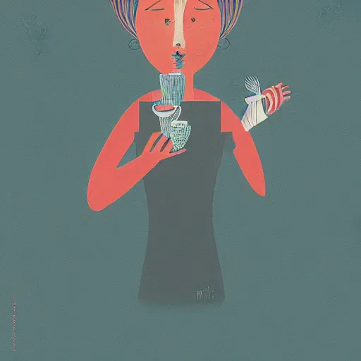 Image similar to illustration of a girl having a cup of coffee, happy feeling, waking up, by malika favre and victo ngai