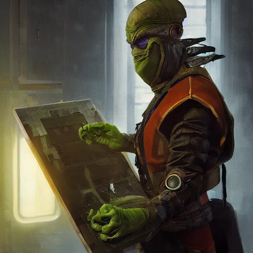 Prompt: portrait painting of a system administrator teenage mutant ninja turtle donatello, building computers, painted by greg rutkowski, dishonored 2