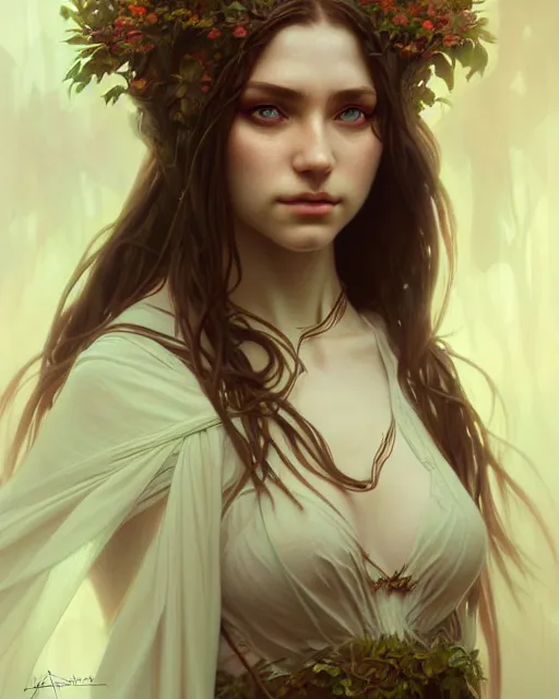 Image similar to beautiful female druid, portrait, fantasy, young, perfect eyes, detailed, sketch, intricate, leaves and simple cloth, dynamic lighting, digital art, digital painting, artstation, wlop, sharp focus, illustration, art by artgerm and greg rutkowski and alphonse mucha, 8 k