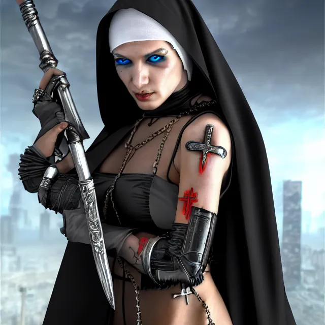 Image similar to cyberpunk nun warrior, highly detailed, 4 k, hdr, smooth, sharp focus, high resolution, award - winning photo, illustrated by anne stokes, photorealistic