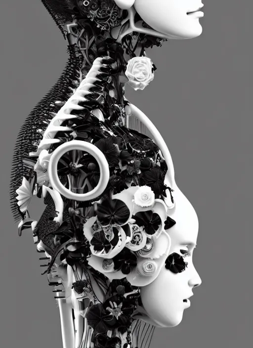 Prompt: black and white dreamy profile face portrait, biomechanical beautiful angelic young female cyborg - robot - doll with long hair made of flowers, body ribs meshes, volumetric light, hibiscus flowers, rim light, big gothic fashion pearl embroidered collar, 1 9 3 0, 8 k