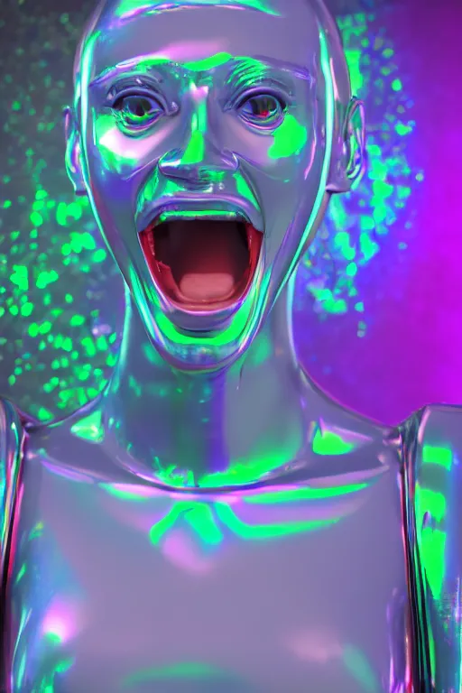 Image similar to 3d render of holographic angry human robotic screaming angry bust made of glossy iridescent, screaming, bust, surrealistic 3d illustration of a human non-binary, non binary model, 3d model human, cryengine, made of holographic texture, holographic material, holographic rainbow, concept of cyborg and artificial intelligence