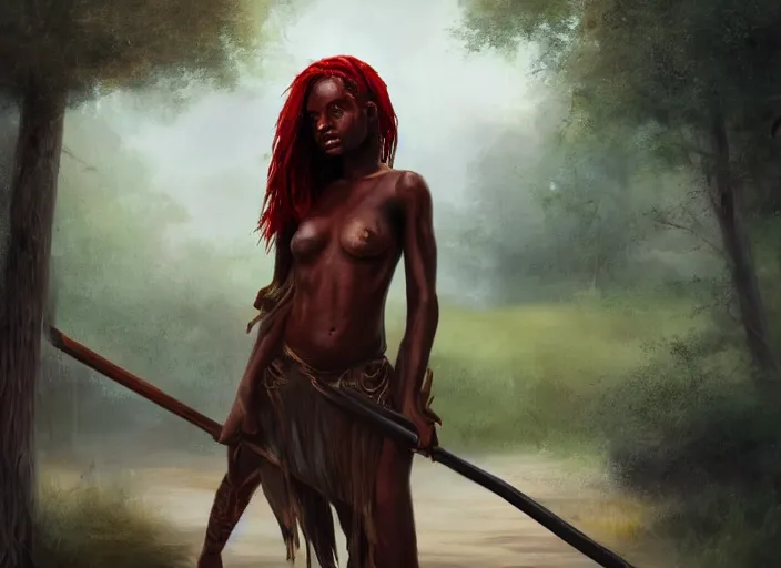 Image similar to landscape, portrait painting beautiful realism, an african girl red hair in wood armor, holding spear, who was sprawled out was about to rise, his face covered in blood. cinematic scene, good lighting, fine art, trending on artstation, smooth draw, sharp focus.