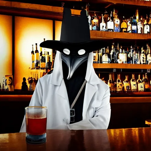 Prompt: plague doctor sitting at a bar with his drink empty, award winning photograph