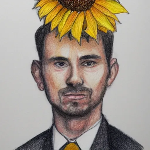 Image similar to long shot portrait, man with a sunflower instead of a head wearing a business suit, color pencil sketch