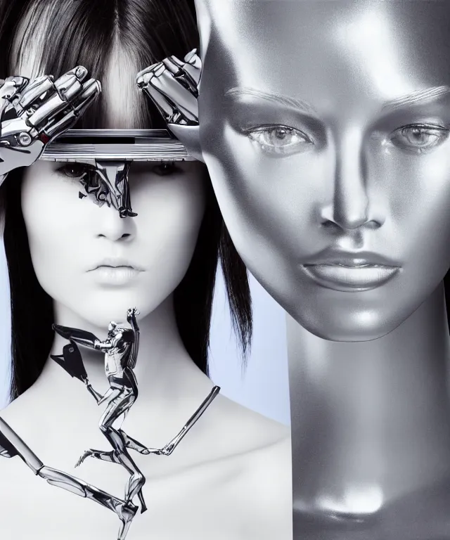 Image similar to tv displays victoria's secret model, a silver robot is touching the tv and robot's head is partially morphed into copy of the model's head, realistic, 4 k