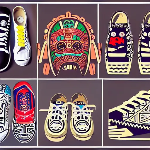 Prompt: sneaker design designed by studio ghibli, aztec mayan street fashion native punk sneaker design, majora's mask, wearing wooden mask, hip hop sneaker design with subtle mayan patterns, gapmoe yandere grimdark, trending on pixiv fanbox, painted by greg rutkowski makoto shinkai takashi takeuchi studio ghibli, akihiko yoshida