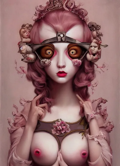 Image similar to pop surrealism, lowbrow art, realistic seductive cute woman painting, pink body harness, hyper realism, muted colours, rococo, natalie shau, loreta lux, tom bagshaw, mark ryden, trevor brown style,