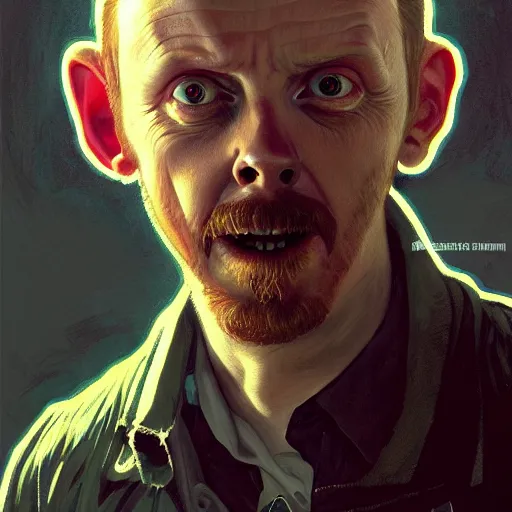 Image similar to portrait of simon pegg in the london of suburbs, winchester rifle, zombie apocalypse, joyful smirk, intricate, elegant, highly detailed, digital painting, artstation, concept art, matte, sharp focus, illustration, art by artgerm and greg rutkowski and alphonse mucha