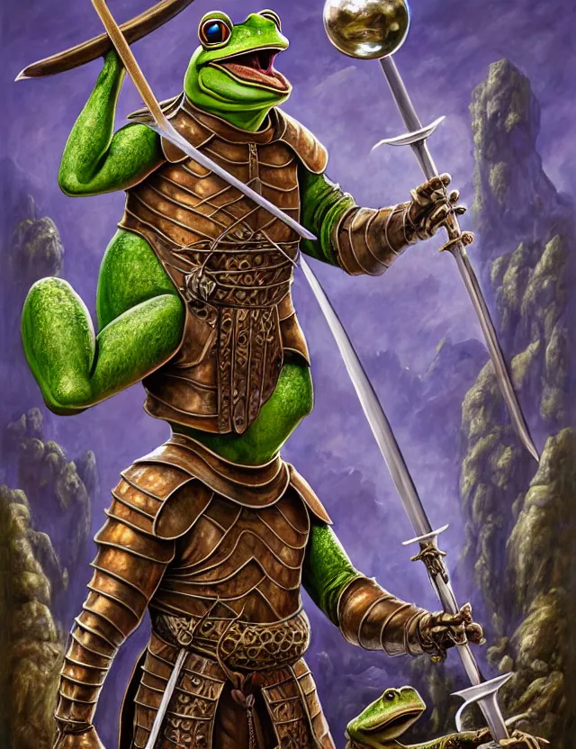 Image similar to anthropomorphic bipedal frog that is dressed as a medieval knight, and holding a colossal sword in his hand, as a matte oil painting and d & d character art, by alex grey, standing, fullbody, floating bubbles, psychedelic, award - winning, extremely detailed, sharp focus