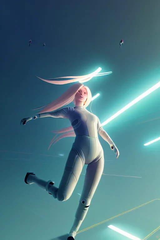 Image similar to android women jumping, scifi, futuristic design, bae suzy, long white hair, character design, cinematic lighting, highly detailed, by beeple, goro fujita, smooth gradient.