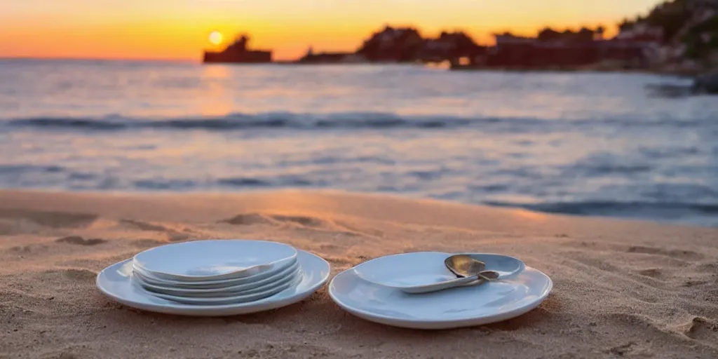 Image similar to professional photo of an empty white dish over a table with a sunset on the beach in the background