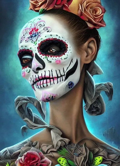 Prompt: dia de los muertos theme surrealist art in the styles of igor morski, jim warren, and osborne macharia, intricate, hyperrealistic, accurate facial details, profile picture with chromakey!!!!! background, volumetric lighting