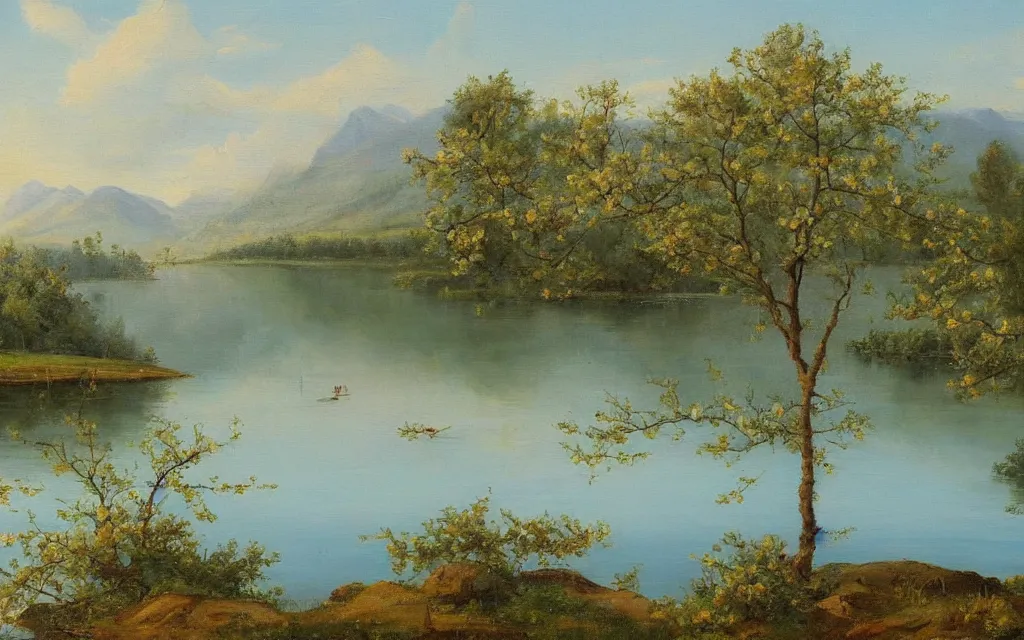 Prompt: a painting of the most beautiful lake in the spring morning, by vilhelms purvitis, oil on canvas