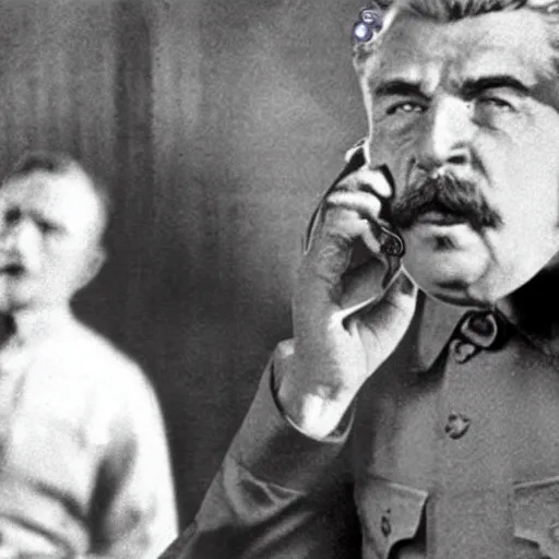 Prompt: Old photograph of Stalin angrily playing Call of Duty, shouting into the headset