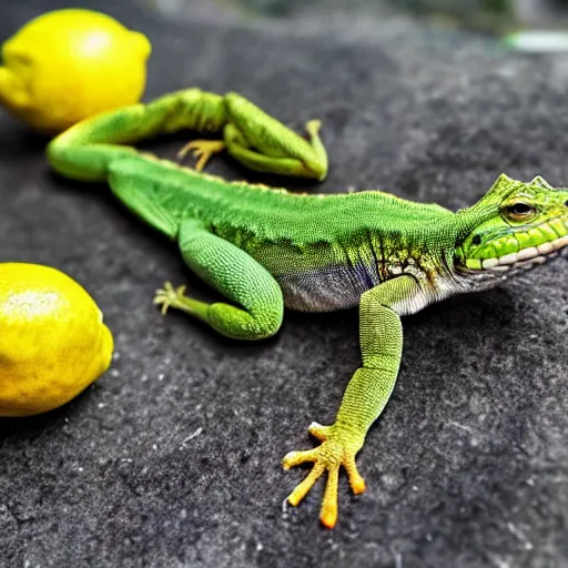 Image similar to several lizards attacking a lemon