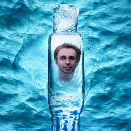 Image similar to water artwork manipulation in the shape of a human head stuffed in a bottle, on the ocean water, futuristic, glowing, gradient, hyper realistic, ray tracing, realistic water, sharp focus, long shot, 8 k resolution, cinematic, photoshop water art