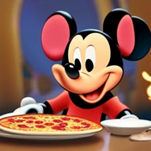 Image similar to film still of mickey mouse eating pizza in the new star wars movie, 4 k