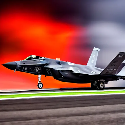 Image similar to an extremely detailed 4k photography of an F35 with gears up flying towards the camera, exiting a well-lit highway tunnel, cinematic lighting, long shot angle, centered composition, 1/400 f2.8 ISO400, 200mm lens