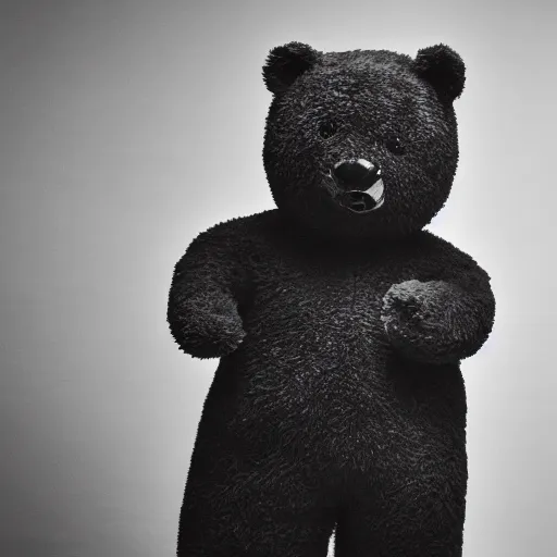 Image similar to Portrait studio photograph of Kanye West with a anthropomorphic teddy bear, close up, shallow depth of field, in the style of Felice Beato, Noir film still, 40mm