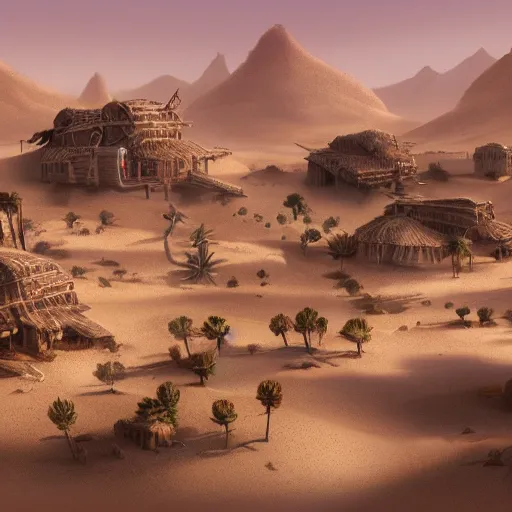 Image similar to a distant desert village, artstation, cgsociety