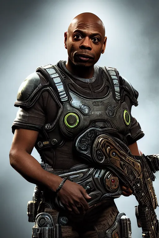 Image similar to Dave Chappelle as a Gears of War character, photorealism, half body, HDR ambient background, unreal engine 5, hyperrealistic, highly detailed, XF IQ4, 150MP, 50mm, F1.4, ISO 200, 1/160s, cinematic lights, Adobe Lightroom, photolab, Affinity Photo, PhotoDirector 365, realistic